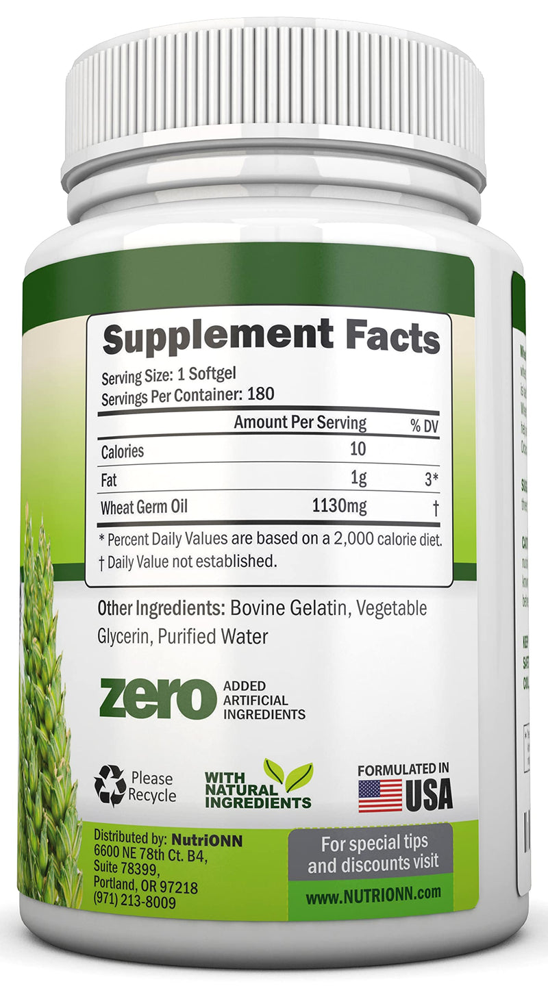Wheat Germ Oil – 1130mg – 180 Softgels – Cold-Pressed & Non GMO – Natural Source of Vitamin E – Nourished Skin and Healthy Hair – Heart Health – Powerful Antioxidant – Increased Energy and Stamina