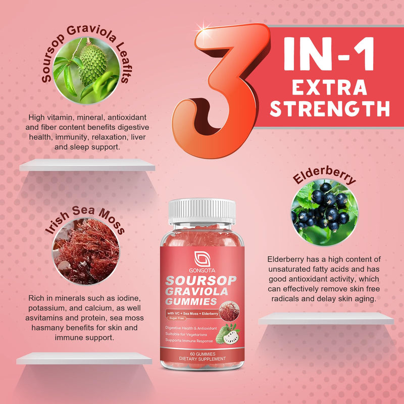 Soursop Graviola Gummies - 2200mg Extra Soursop Leaves Extract,Elderberry & Sea Moss & Zn, for Digestive, Immune, Antioxidant and Overall Health Support - Gluten Free, Vegan, 60 Gummies Peach 60 Count (Pack of 1)