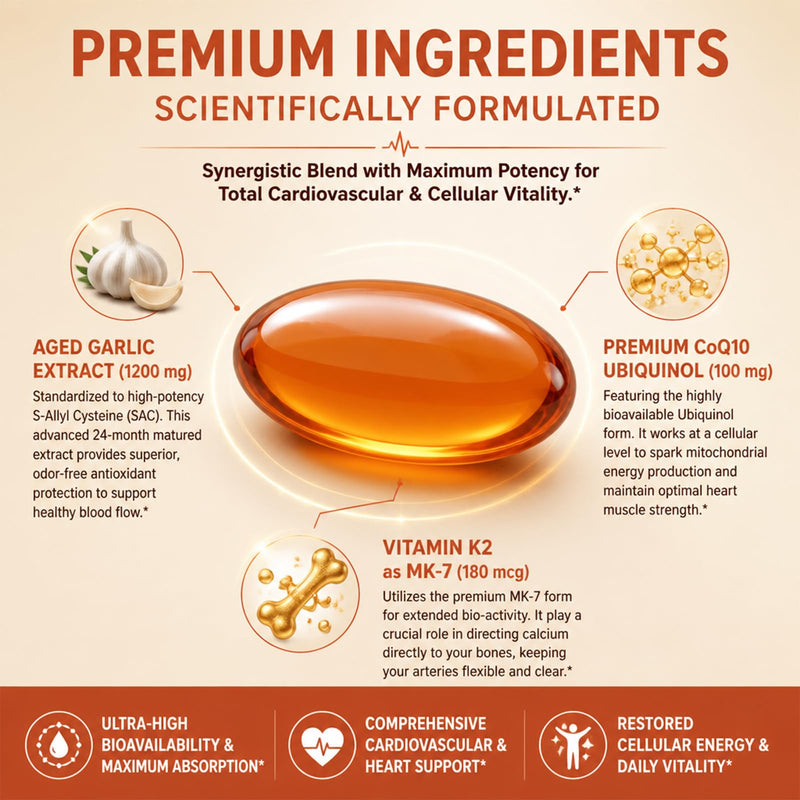 Aged Garlic Extract Softgels 1200 mg Odorless with CoQ10 Ubiquinol & Vitamin K2, 2 Years Aged Matured – Standardized for S-Allyl Cysteine | Heart & Immune Antioxidant Supplements, 120 Softgels 120 Count (Pack of 1)