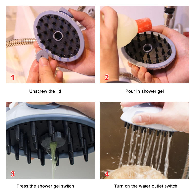 Dog Shower Scrubber Head with Dispenser, 3 in 1 Bath Grooming Brush for Washing Hose Attachment, Soft Silicone Bristle for Long Short Haired Pets - BeesActive Australia