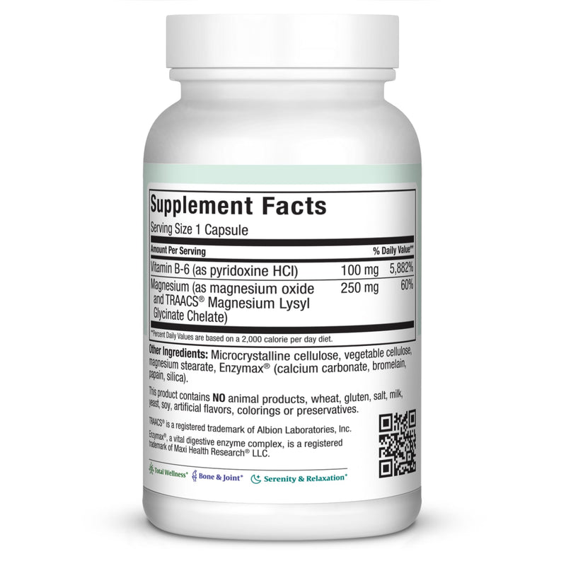 Maxi Health® Magnesium with Vitamin B6 (120 Capsules) | Kosher | Magnesium Glycinate & Oxide with Vitamin B6 | Energy, Muscle, Nerve & Bone Support | Vegetarian | Doctor Formulated