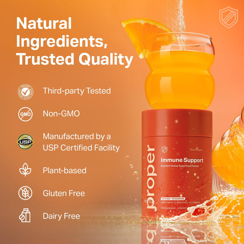 Proper, The Oranges Immune Support Supplement. Orange Tangerine Drink Mix. Elderberry Vitamin C and Zinc Complex with Echinacea, Immunity Vitamins, Phytonutrients and Gut Health Probiotic 15 Servings