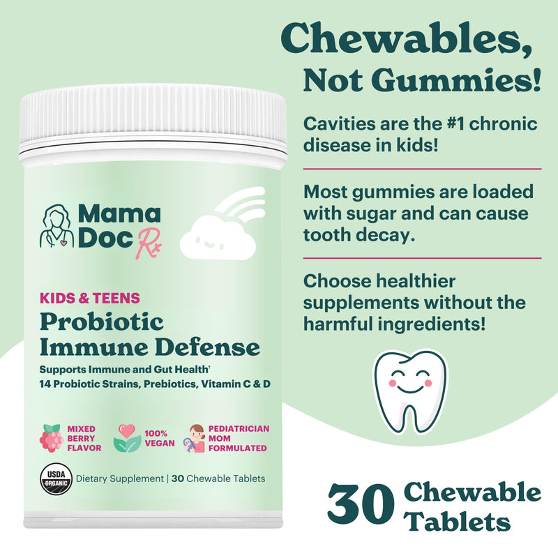 Certified Organic Kids & Teens Probiotic Immune Defense - 5 Billion CFUs | Sugar Free, Vegan, Gluten-Free | 14 Probiotic Strains, Prebiotics, Vitamin C & D | 30 Chewable Tablets, Ages 4+