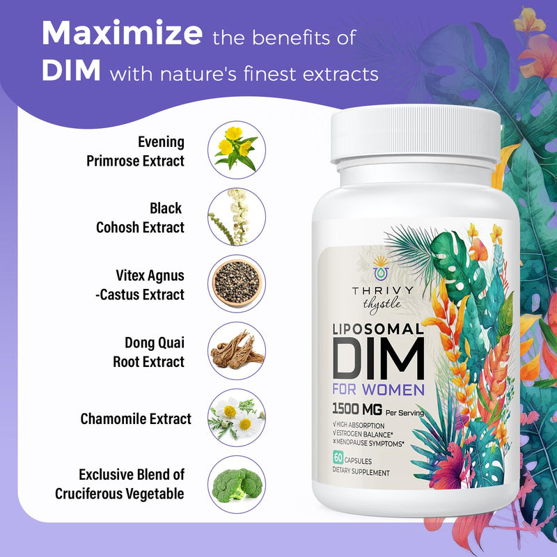 Liposomal DIM 400 mg - Hormone Balance, Estrogen Support for Women, DIM Supplement with Vitamin E, Evening Primrose, Black Cohosh, Omega-3 Fatty Acids (120 Capsules) 60 Count (Pack of 2)