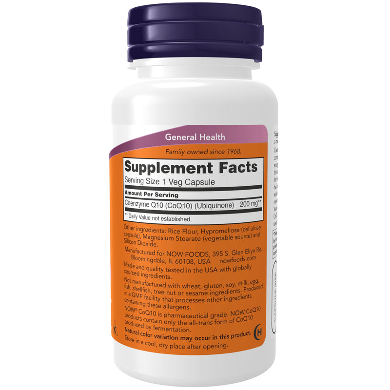 NOW Foods Supplements, CoQ10 (Coenzyme Q10) 200 mg, Cardiovascular Health*, 60 Veg Capsules CoQ10 200 mg