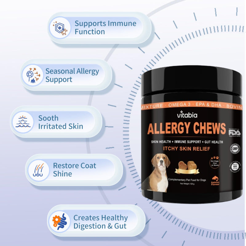 Dog Allergy Relief Chews – Anti Itch Skin & Coat Supplement for Dogs with Probiotics, Omega 3, Alaskan Salmon Oil, Bovine Colostrum & Turmeric – Gut Health & Immune Support Soft Chews 60 Dog Chews