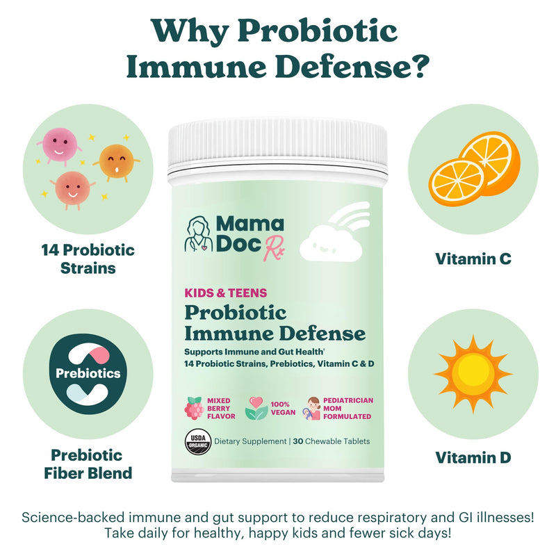 Certified Organic Kids & Teens Probiotic Immune Defense - 5 Billion CFUs | Sugar Free, Vegan, Gluten-Free | 14 Probiotic Strains, Prebiotics, Vitamin C & D | 30 Chewable Tablets, Ages 4+