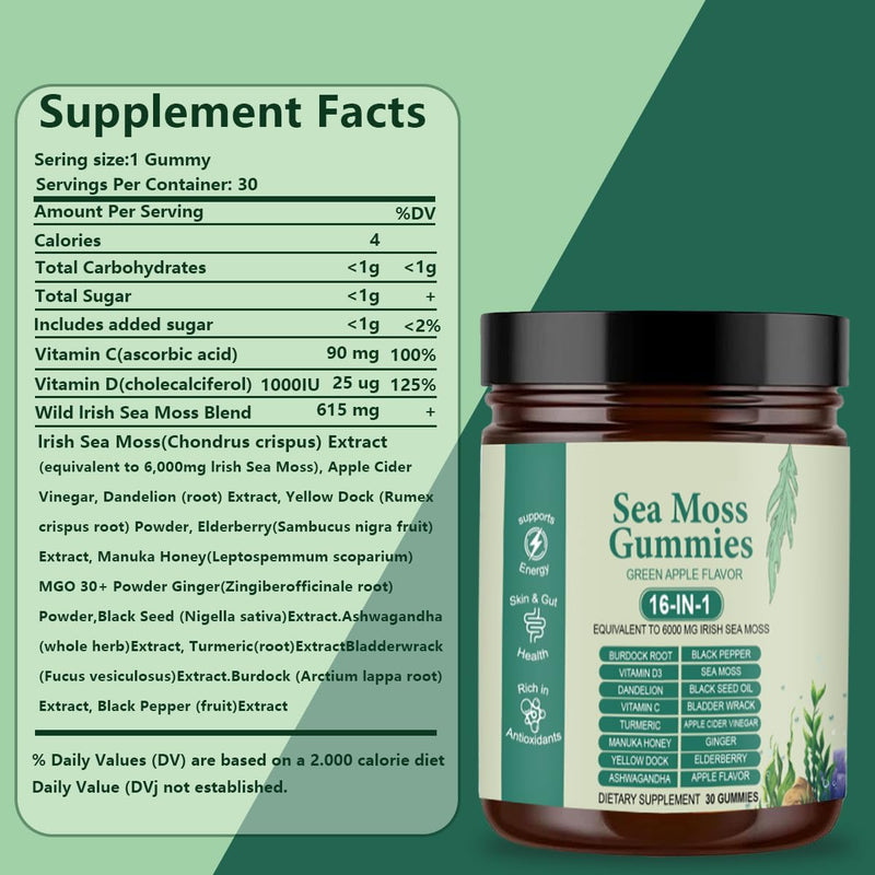 Sea Moss Gummies 16-in-1 with Black Seed Oil, Ashwagandha, 30 Servings, Irish Seamoss Gummies Boosts Immune Support, Wellness and Digestion
