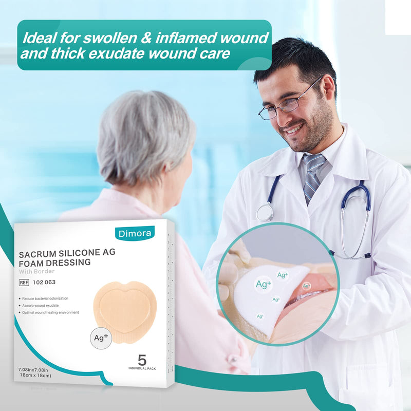 Dimora Ag Silver Sacrum Foam Wound Dressing Bandages Silicone Adhesive Border 7"x7" Waterproof Sacral Pads Absorbent Breathable Bed Sore Pressure Dressing 7"x7"-Silver（pack of 5） - BeesActive Australia