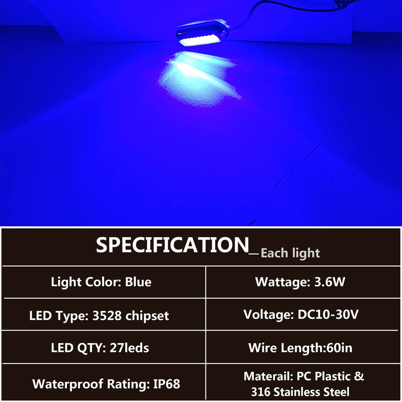 2Pcs 27 LEDs Blue Marine Boat Lights,IP68 Waterproof Underwater Boat Trailer Light Pontoon Boat Transom Lights Stern Navigation Light Boat Interior Deck Lights 10-30V DC
