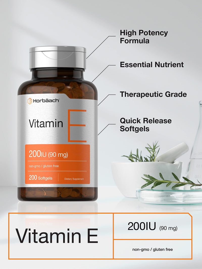 Horbäach Vitamin E Supplement | 200 IU (90 mg) | 200 Softgel Capsules | Non-GMO and Gluten Free Formula 200 Count (Pack of 1) - BeesActive Australia