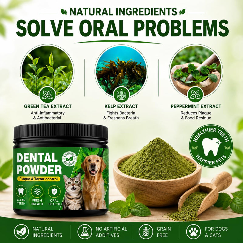Dog Dental Powder for Dogs, Dog Teeth Cleaning Powder, Dental Powder for Dogs Teeth, Plaque & Tartar Remover, Dog Breath Freshener, Natural Oral Care, 60-Day Supply