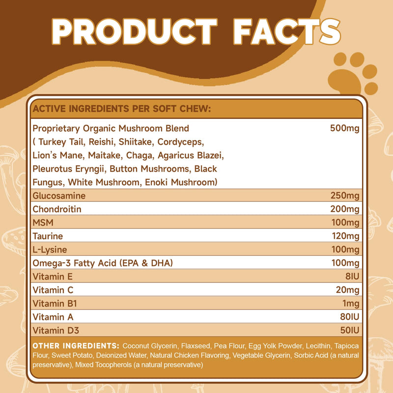 Mushrooms for Dogs - Turkey Tail Mushroom for Dogs - Gut, Skin, Joint, Immune Health- Dog Lumps & Bumps - 13 Organic Mushrooms Turkey Tail, Reishi, Lions Mane, Glucosamine, MSM - Chicken Flavor 1 Pack