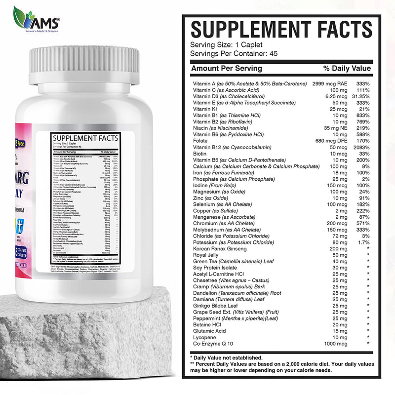 America Medic & Science Multivitamins for Women, Multi-NRG, 45 Coated Caplets, One Daily, Immune Support Supplements, Vitamin C & B Complex, Vital Micro-Nutrients & Natural Herbal Ingredients. 45 Count (Pack of 1)