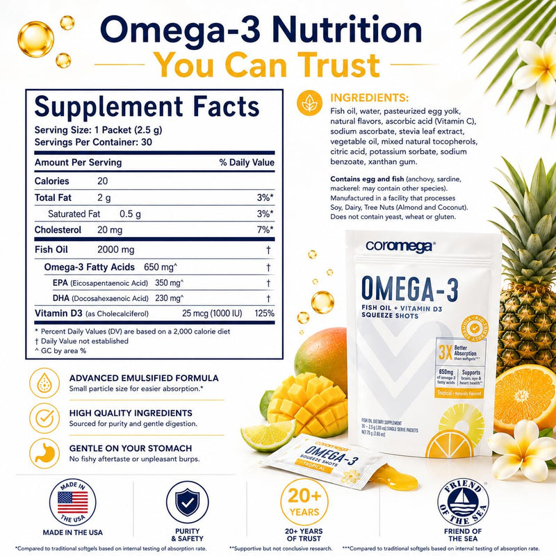Coromega - Omega 3 Tropical Flavor - 30 Packets - 650mg | 3X Better Absorption Than Softgels, Tropical Flavor, Single-Serve Squeeze Shots, No Fishy Aftertaste, Easy To Enjoy 30 Count (Pack of 1)