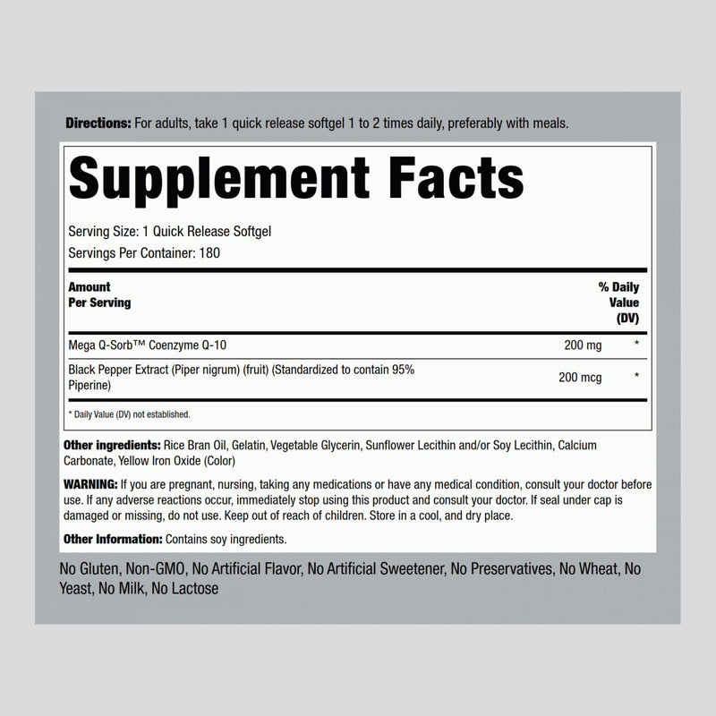 Piping Rock CoQ10 200mg | 180 Softgel Capsules | Supplement for Women and Men | Enhanced Absorption with Black Pepper Extract | Non-GMO, Gluten Free
