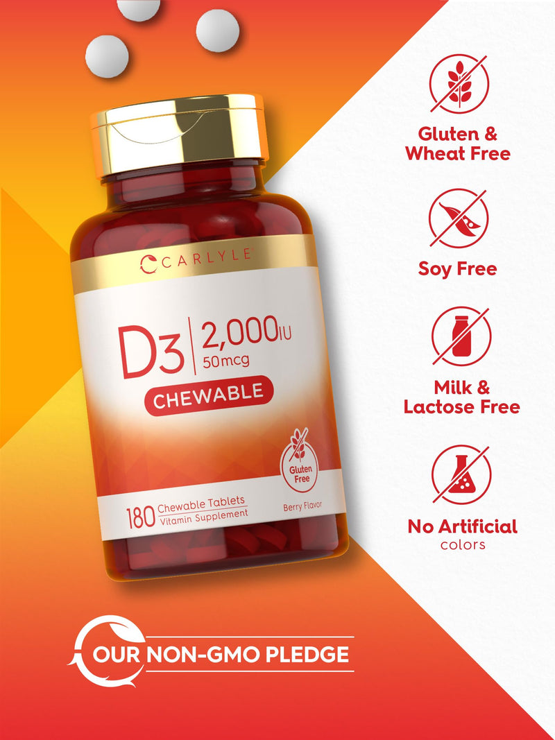 Carlyle Chewable Vitamin D3 2000 IU (50mcg) | 180 Chewable Tablets | Berry Flavor | Vegetarian, Non-GMO and Gluten Free Supplement