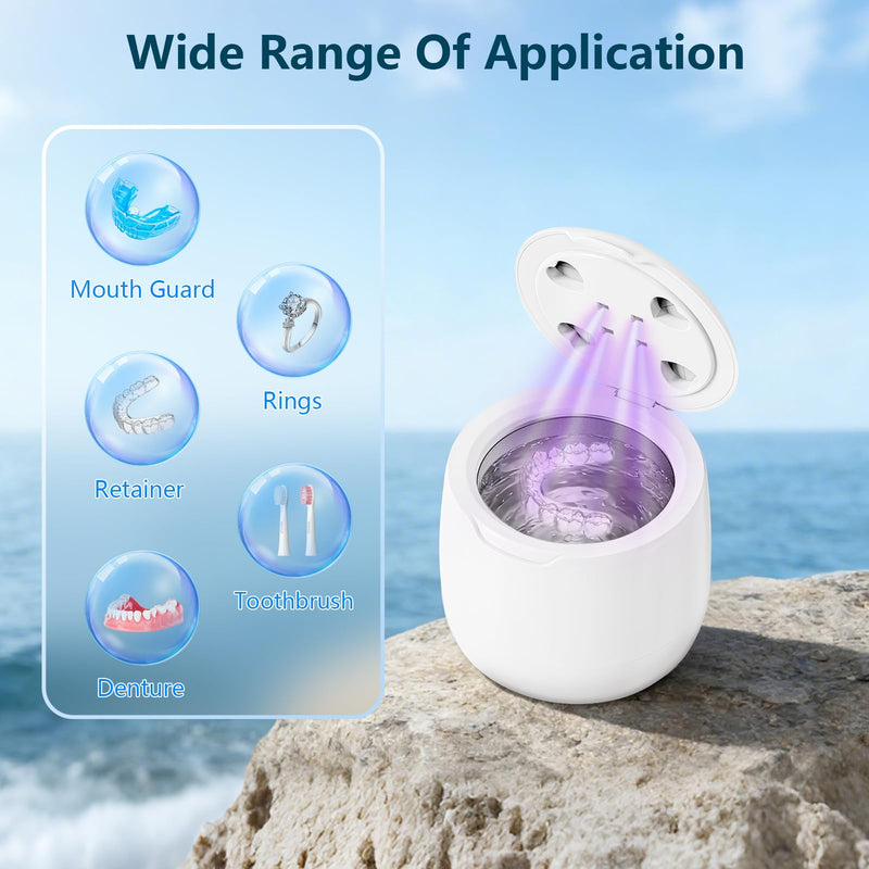 42kHz Ultrasonic Retainer Cleaner Machine,with 4 powerful 254nm UV lights,Pratical Dental Ultrasonic Cleaner for Denture, Night Guard, Mouth Guard, Aligner, Braces, Toothbrush Head & Jewelry (White)
