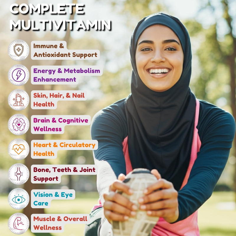 SHIFAA NUTRITION Halal Multivitamins for Women, Men & Adults, 30 Servings | Iron, Vitamin A, B6, B12, Biotin, Niacin, C, D3, E, Zinc, Calcium, Folic Acid, CoQ10 | Halal Vitamins 60 Count (Pack of 1)