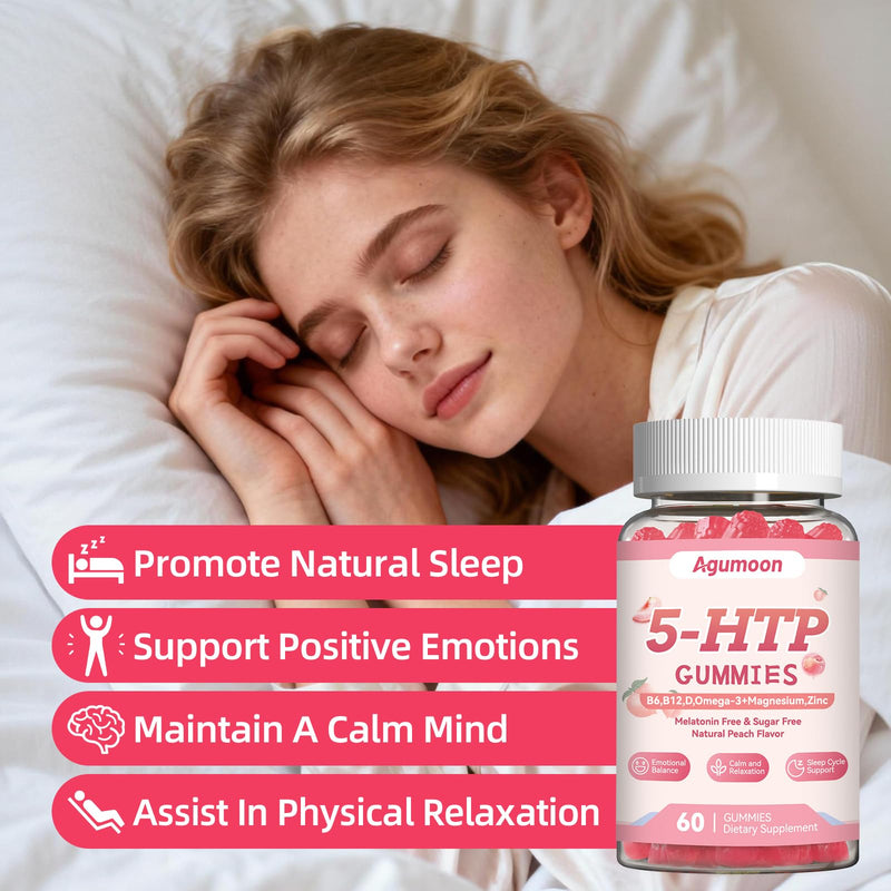 5HTP Gummies with Vitamin D3,B6,B12,Zinc,Omega-3,Magnesium Glycinate | Serotonin supplement for Adults & Kids,Relaxation Gummies for Sleep Support,Brain & Muscle Health,Peach Flavor