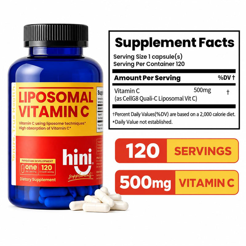 HINI Liposomal Vitamin C 500mg, High Absorption Vitamin C Supplement with CellG8 Quali-C, Daily Immune & Antioxidant Support, 1 Capsule Daily, 120 Servings