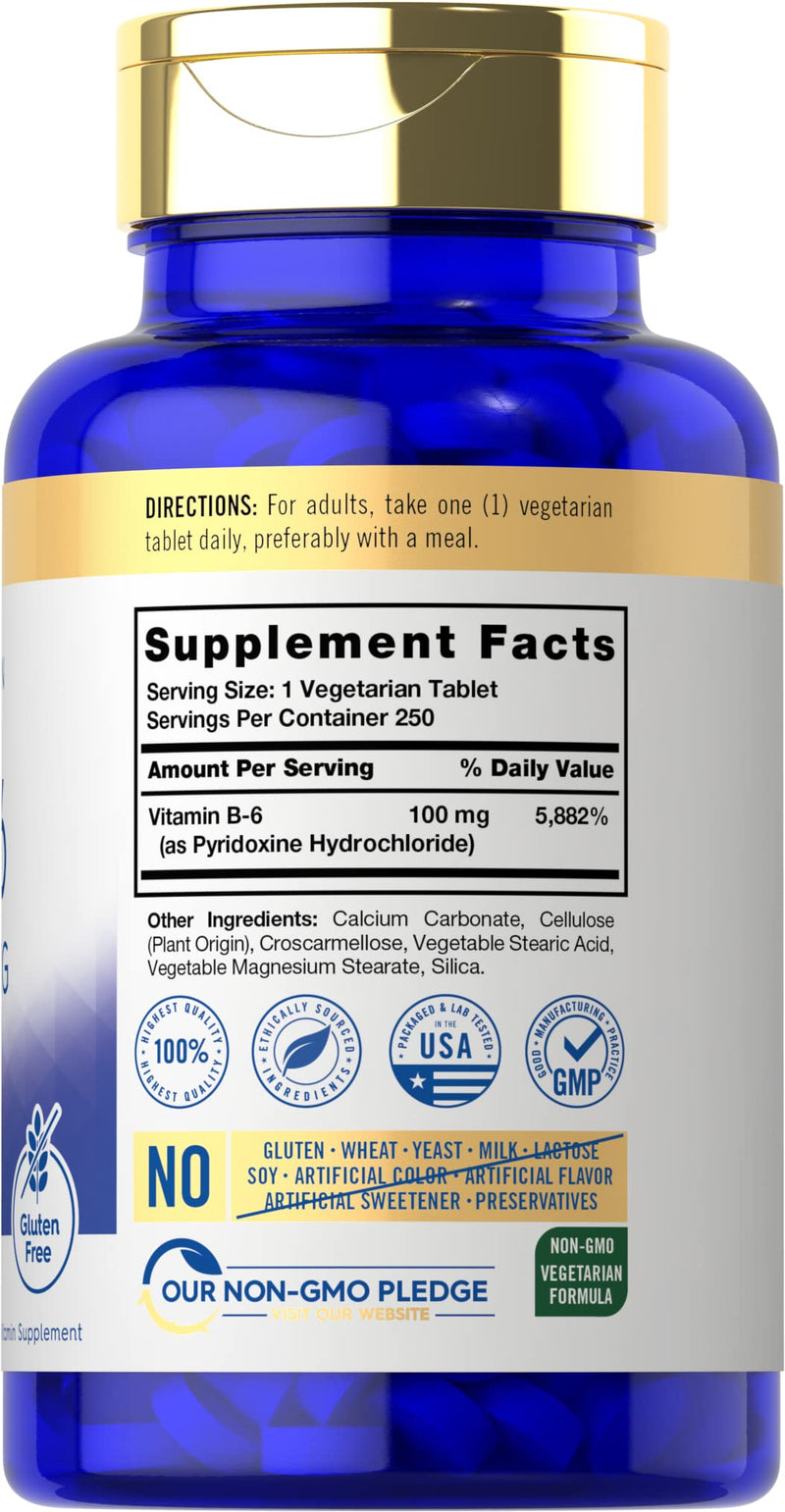 Carlyle Vitamin B6 100mg | 250 Tablets | Pyridoxine Hydrochloride Supplement | Vegetarian, Non-GMO & Gluten Free