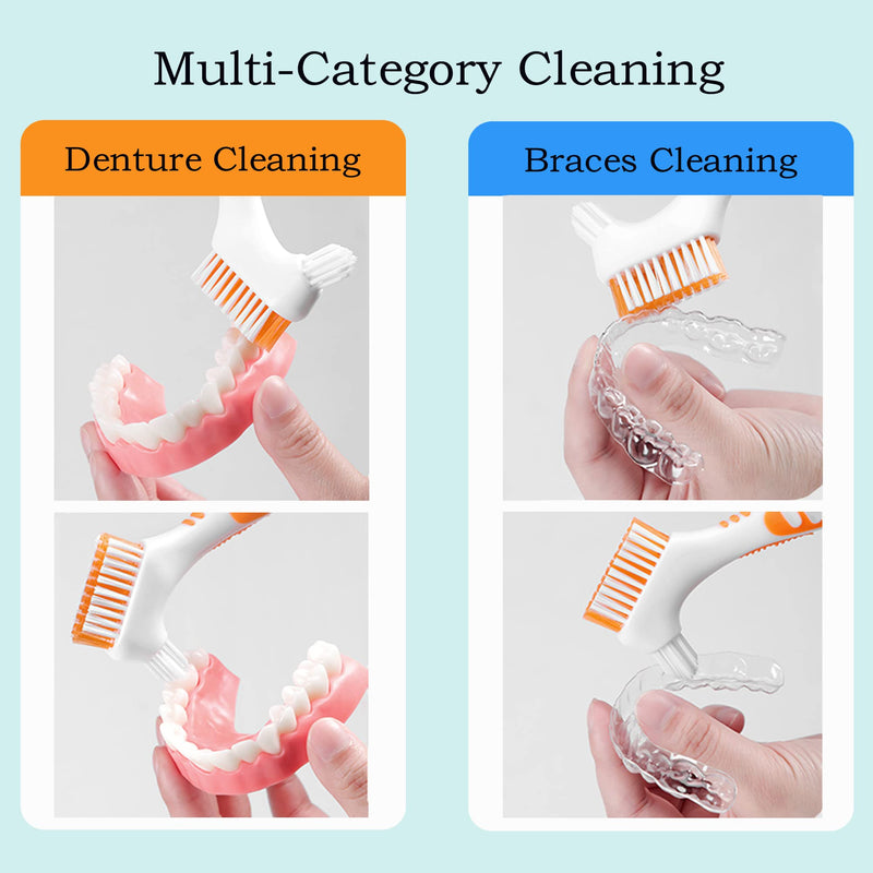 Denture Brush 4Pcs Denture Toothbrushes，Denture Cleaning Care Cleaning Brush ，Double Sided Toothbrush，Multi-Layered Bristles and Rubber Anti-Slip Handle (Purple, Green, Blue, Orange) 4 Color - BeesActive Australia
