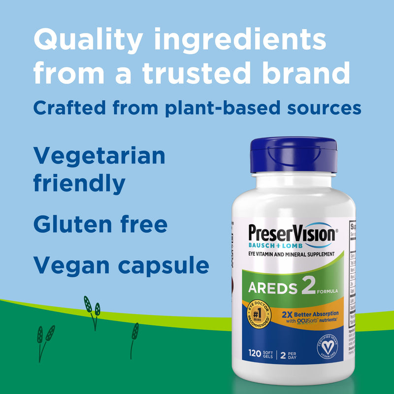 PreserVision AREDS 2 Eye Vitamins OCUSorb Formula, 120 Softgels | Lutein & zeaxanthin, macular support* Vitamins, vegan soft gels, Vitamin C, E, Zinc, Copper, eye health for adults Vegan AREDS2 120 Count (Pack of 1)