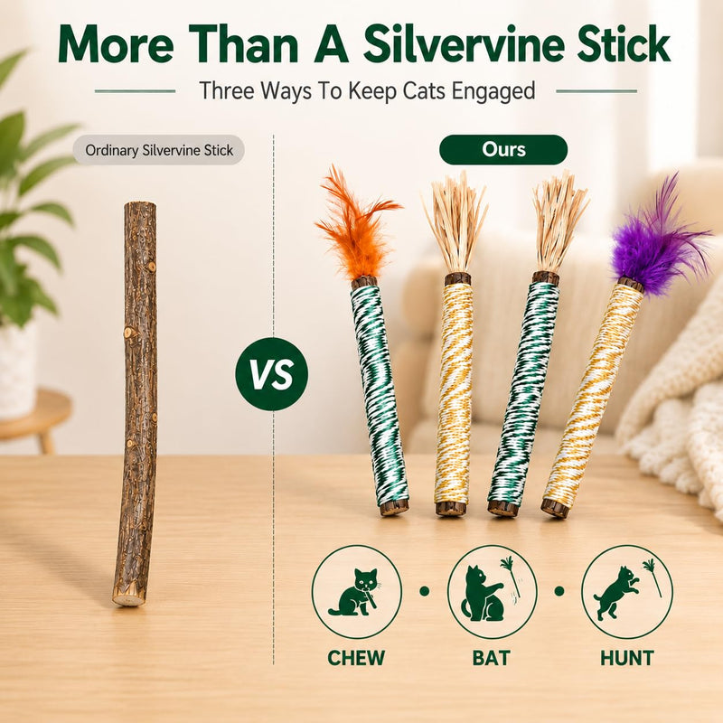 Cat Silvervine Toys - Natural Matatabi Cat Chews with Feathers & Raffia, Organic Catnip Sticks for Dental Care, Stress Relief (4 Packs)