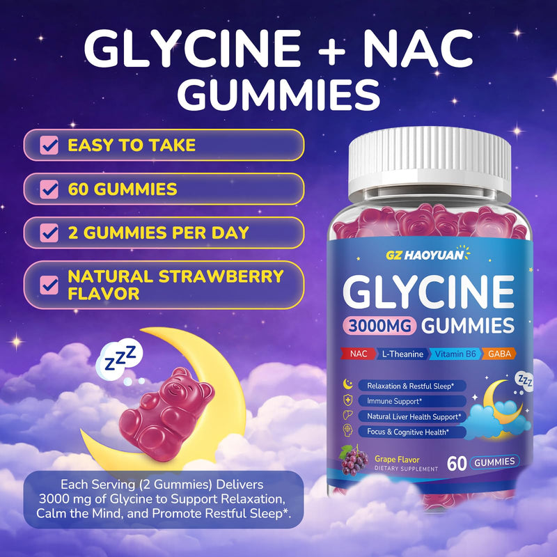 Glycine Gummies, Glycine 3g Supplements with NAC, L-Theanine, GABA, for Sleep, Relax, Nerve & Brain Support, Sugar Free, Vegan, GRAP Flavor, 120 Cts Grape 60 Count (Pack of 2)