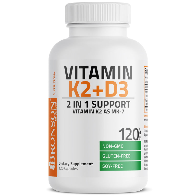 Bronson Vitamin K2 (MK7) with D3 Supplement Non-GMO Formula 5000 IU Vitamin D3 & 90 mcg Vitamin K2 MK-7 Easy to Swallow Vitamin D & K Complex, 120 Capsules. Unflavored 120 Count (Pack of 1) - BeesActive Australia