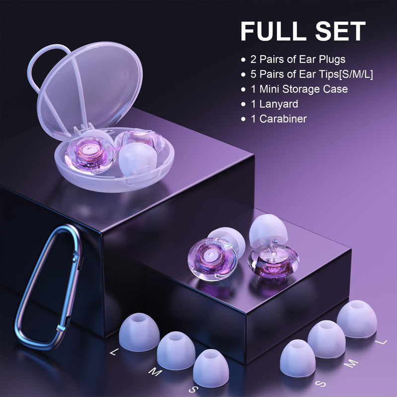 Ear Plugs for Concerts, 2 Pack High Fidelity Ear Plugs, Reusable Silicone Earplugs for Concert, Rave, Work, Musicians, 5 Pair Ear Tips in S/M/L, 18-25 dB Concert Ear Plugs for Noise Cancelling(Purple) Purple - BeesActive Australia