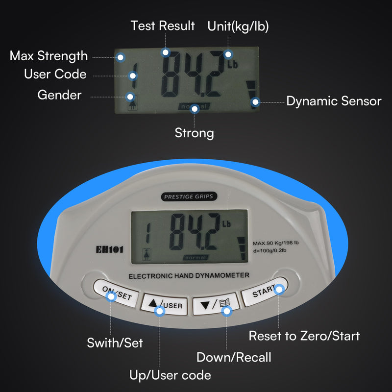 Grip Strength Tester - Hand Strengthening Device With Precision Sensors & Adjustable Handle - Hand Dynamometer Fits Most Hands - 90 Kgs/198 Lbs. Max Power Reading - For Home - Sports - Rehab & Clinical Use