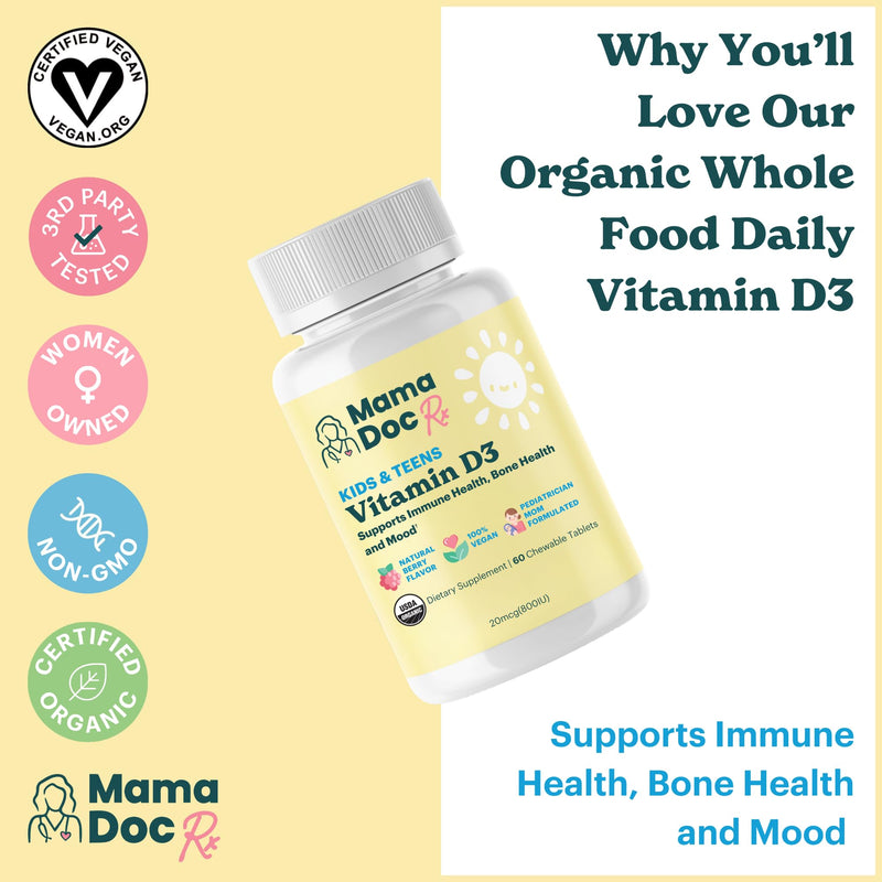 Certified Organic Kids and Teens Whole Food Vitamin D3 Chewables | 800 IU | Sugar Free, Vegan, Free of 9 Major Allergens | 2 Month Supply | Ages 3+