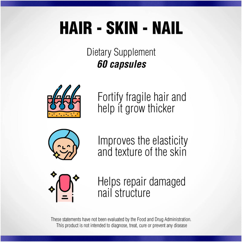 Hair Skin and Nails Supplement 60 Capsule by Natural Systems - Strong Nails and Hair Growth Vitamins for Women and Men - Natural Biotin Hair Skin and Nails Vitamin - Skin Protection Supplements