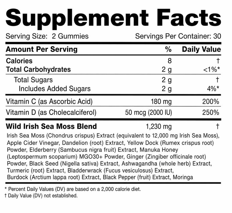 Sea Moss Gummies 16-in-1 with Ashwagandha, Black Seed Oil, Ginger, Turmeric, Manuka Honey, Black Pepper, Moringa, Elderberry–Daily Wellness & Immune Support–Apple Flavor, 60 Gummies