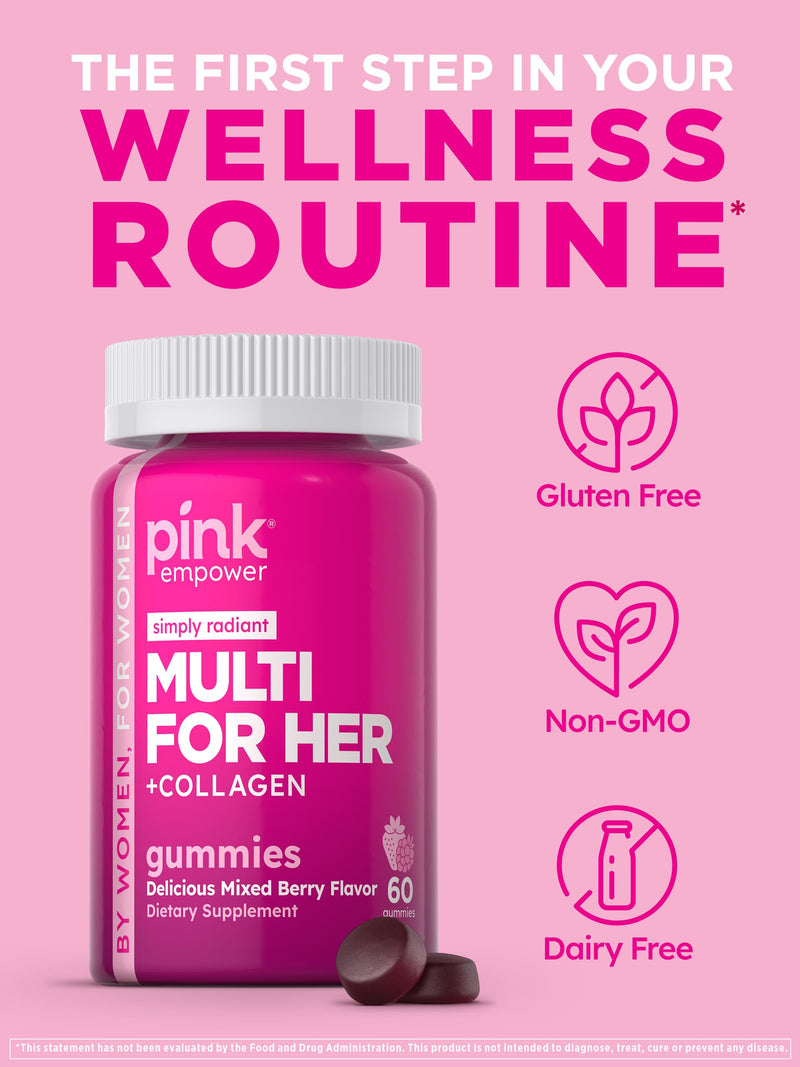 PINK Multivitamin Gummies for Women | Non-GMO & Gluten Free | Plus Collagen & Biotin | Mixed Berry Flavor 60 Count (Pack of 1)