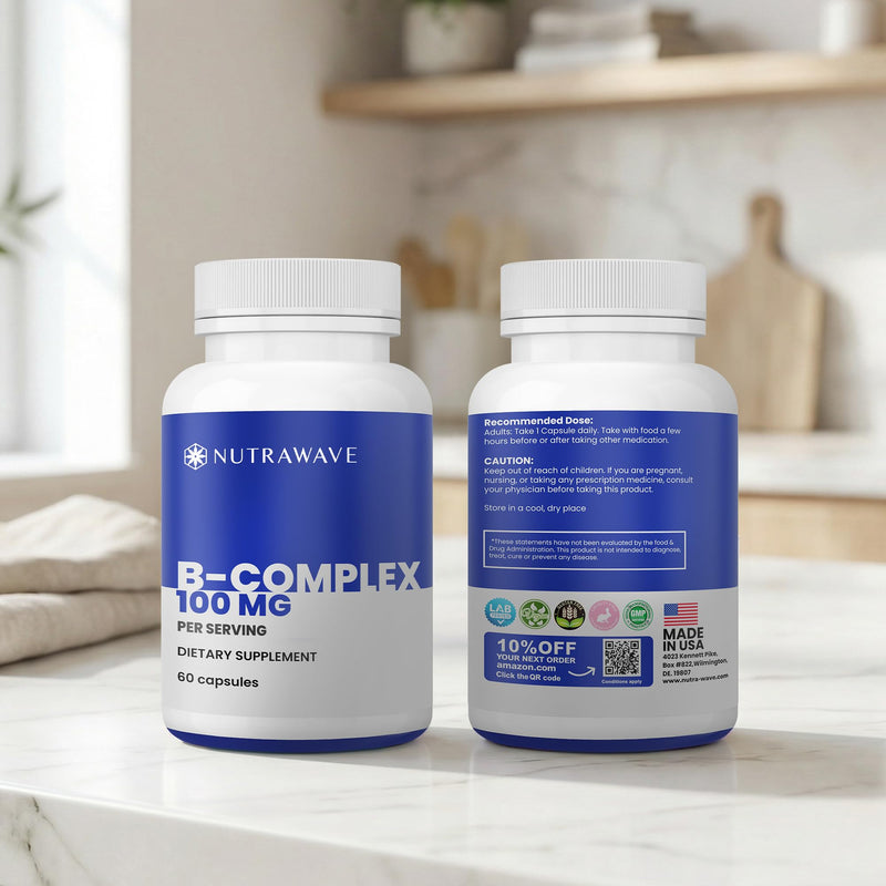 Nutra Wave Super B Complex Vitamins for Women & Men, High Potency B1 B2 B3 B5 B6 B7 B9 B12 with Choline & Myo-Inositol, Energy & Brain Support, Made in USA, Vegan Non-GMO, 60 Capsules 60 Count (Pack of 1)