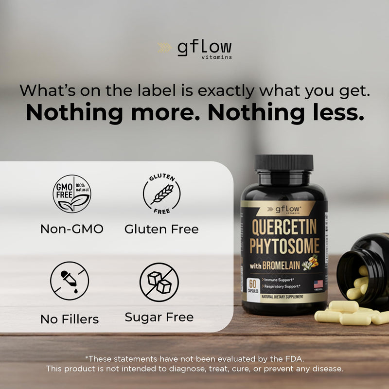gflow vitamins Quercetin Phytosome 95% Highly Purified with Bromelain | Most Effective Quercetin Form 50X Higher Absorption | Immune Support Supplement Made in the USA