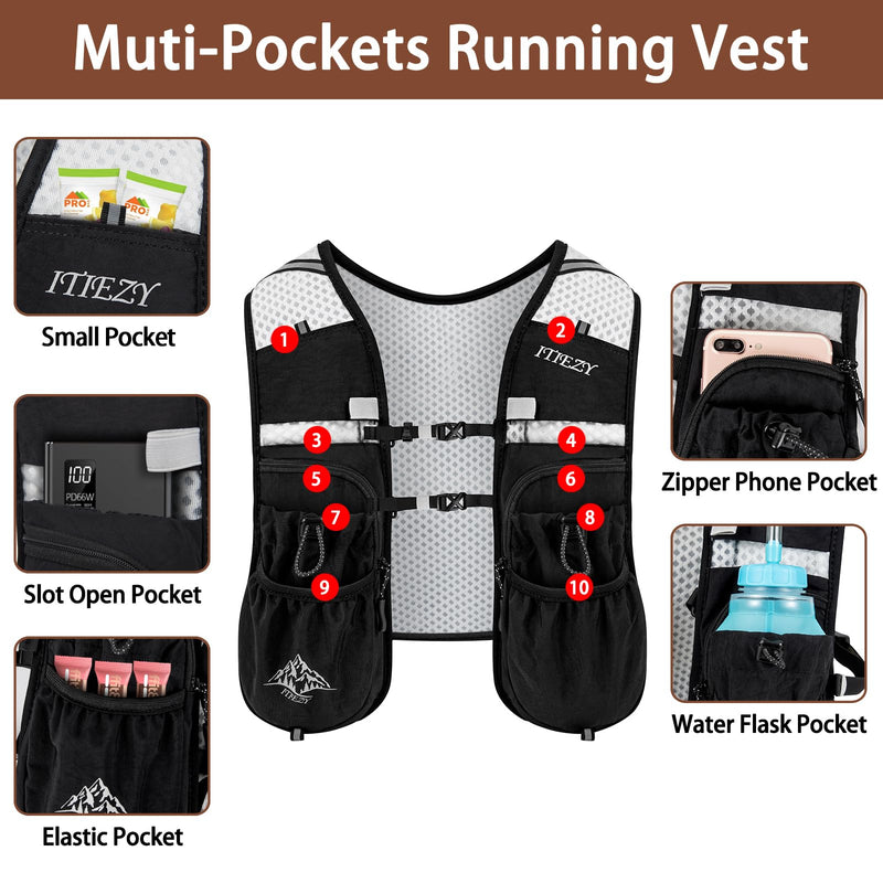 Running Hydration Vest for Women Men - Waterproof Running Water Backpack Hydration Pack with 12 Pockets, Lightweight Water Vest for Hiking Trail Cycling Marathon Race Black-Only Vest Medium - BeesActive Australia