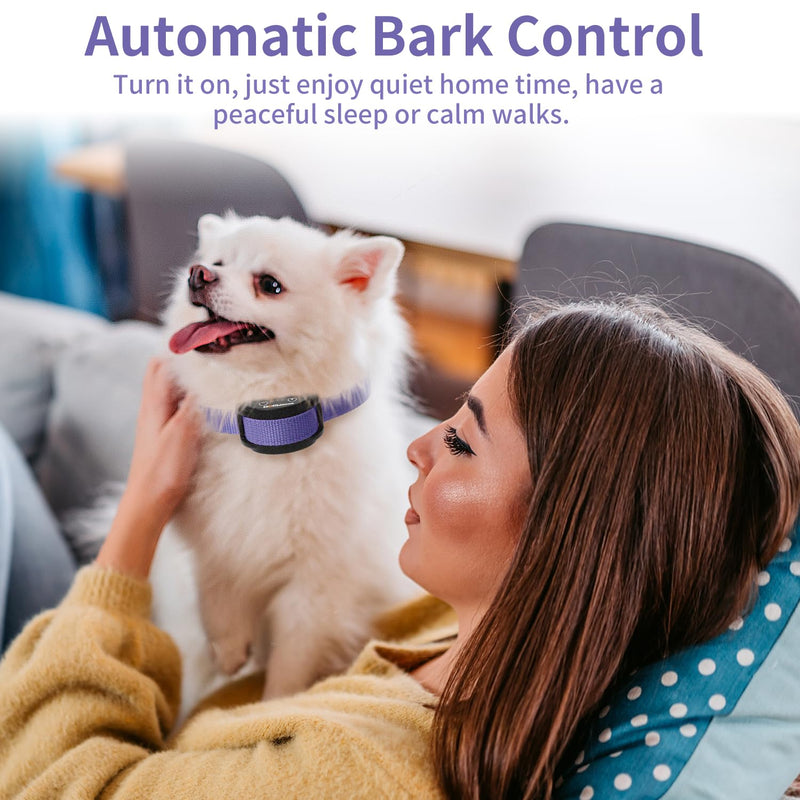 Dog Bark Collar, No Shock Bark Collar for Small Puppy Dogs, No Shock Barking Collar, Smart No Bark Collar, Smart Automatic Anti Bark Collar with 5 Sensitivity No Shock Vibration Collar Purple - BeesActive Australia