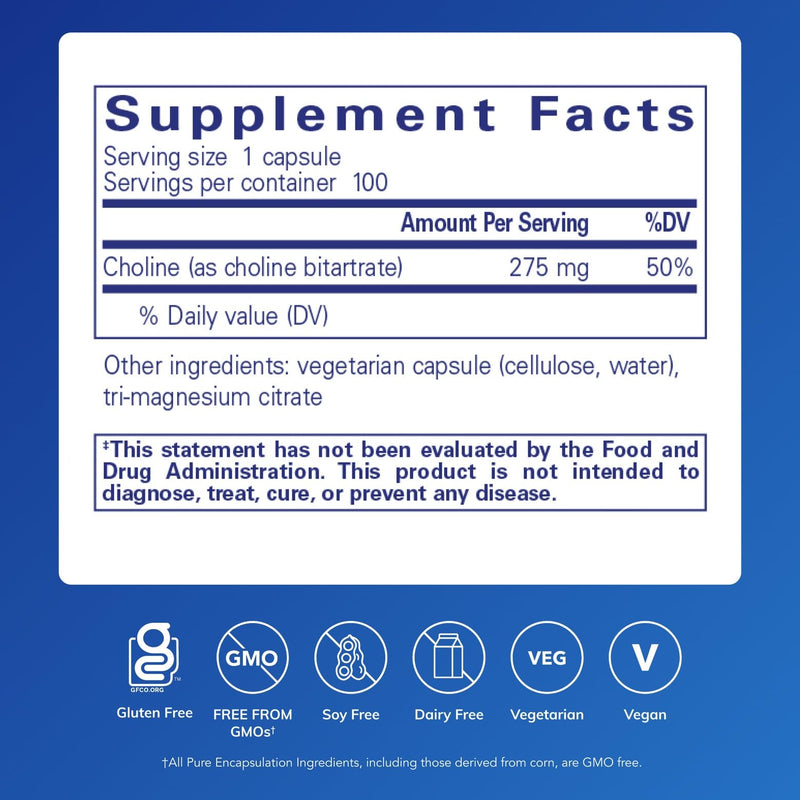Pure Encapsulations Choline (Bitartrate) - 275 mg Choline (Bitartrate) - Supports Methylation, Brain Health & Cell Function* - Highly Bioavailable - Vegan & Non-GMO - 100 Capsules - BeesActive Australia