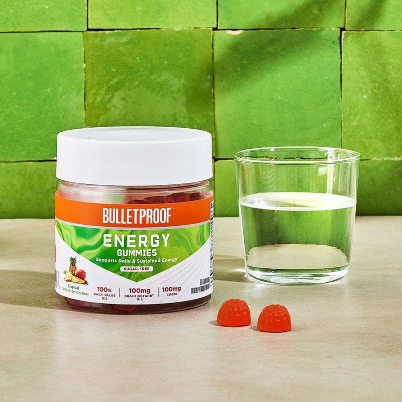 Bulletproof Sugar-Free Tropical Energy Gummies, 60 Count | Supplement for Daily & Sustained Energy with 100mg CoQ10, Daily Value of B12, 100mg Brain Octane Oil