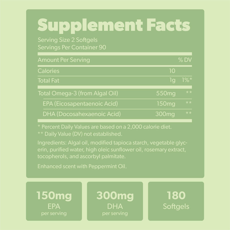 Vegan Omega 3 Supplement - Plant Based DHA & EPA Fatty Acids - Carrageenan Free, Alternative to Fish Oil, Supports Heart, Brain, Joint Health - Sustainably Sourced Algae, Fish Oil Free - 180 Softgels 180 Count (Pack of 1)