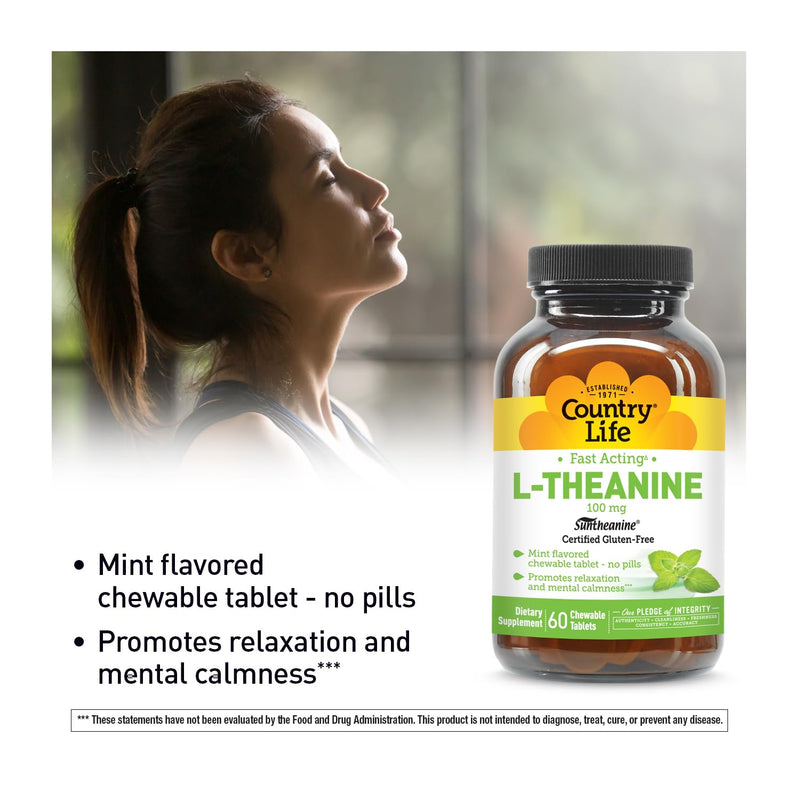 Country Life Fast Acting L-Theanine 100 mg, Mint Chewables, 60 Tablets | Suntheanine L-theanine with vitamin B6 promotes relaxation and mental calmness in a chewable tablet