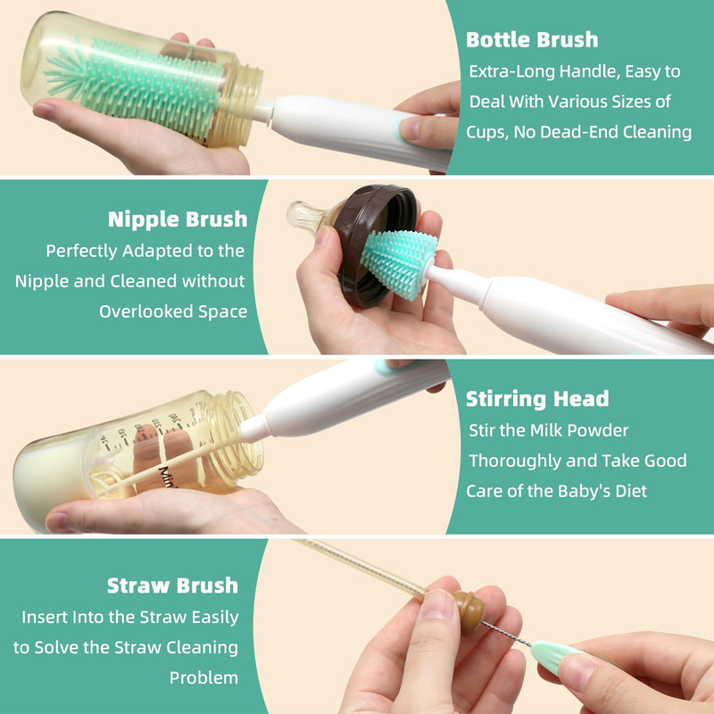 Electric Bottle Brush Cleaner, Rechargable Electric Baby Bottle Brush for Travel, Waterproof Electric Bottle Cleaner Set with Nipple & Straw Brush, Perfect Essentials Gift for Mom After Birth, Green - BeesActive Australia