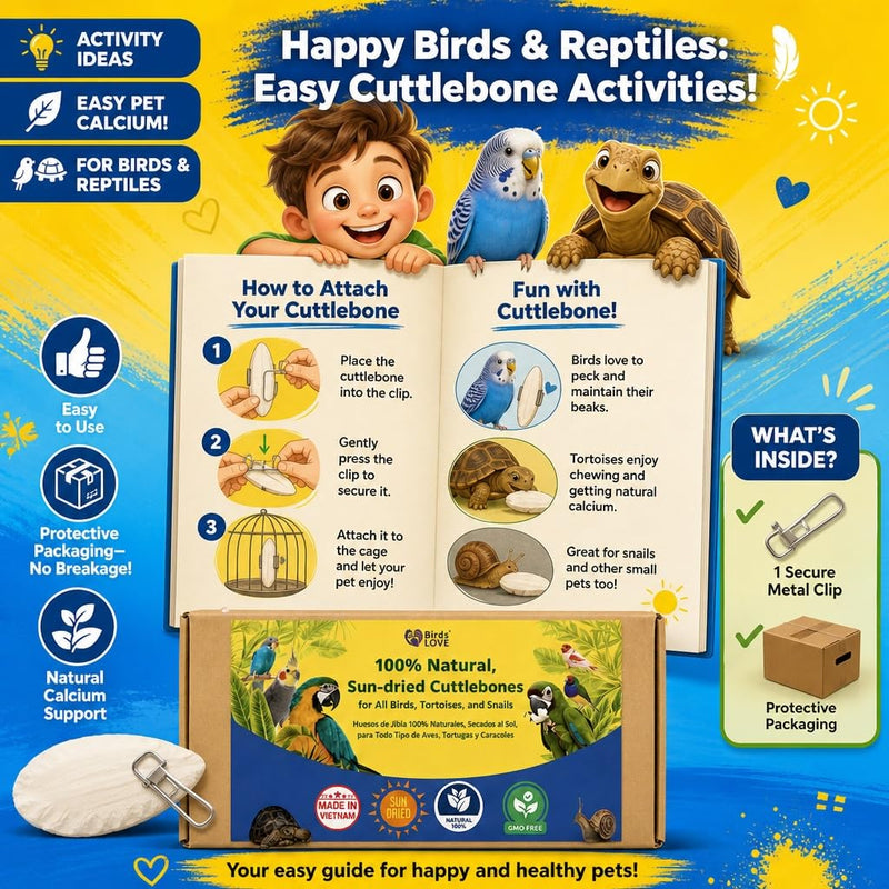 Birds LOVE 7.5-8" Cuttlebone for Birds – 100% Natural Sun-Dried Calcium Carbonate Mineral Supplement – for Parakeets, Budgies, Cockatiels, Finches & Canaries – 2 Pack with Holder – Made in Vietnam