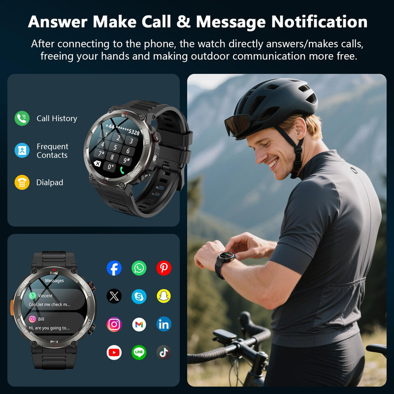 IOWODO Military Smart Watch for Men -100-Day Long Battery Life,Fitness Tracker with LED Flashlight/Compass,Heart Rate Monitor,120+ Sports Modes,IP68 Waterproof,Bluetooth Call Smartwatch for iOSAndroid - BeesActive Australia
