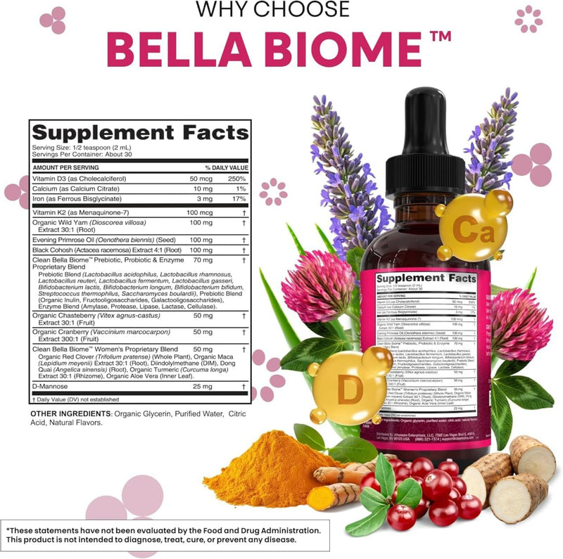 Liquid Probiotics for Women Drops with Chasteberry, Black Cohosh, Prebiotics, Digestive Enzymes, Evening Primrose Oil, Wild Yam, Cranberry Dmannose and Iron Vitamin D3 K2 Clean Nutra Bella Biotics 1