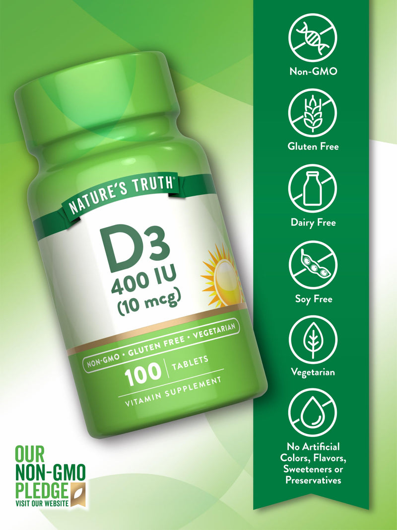 Nature's Truth Vitamin D3 | 400 iu (10 mcg) | 100 Tablets | Vegetarian, Non-GMO & Gluten Free Supplement
